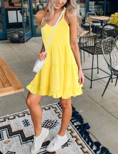 FANCYINN Women Yellow Casual Tiered Mini Dresses Spaghetti Strap V Neck Backless A Line Swing Short Dress with Pockets XS
