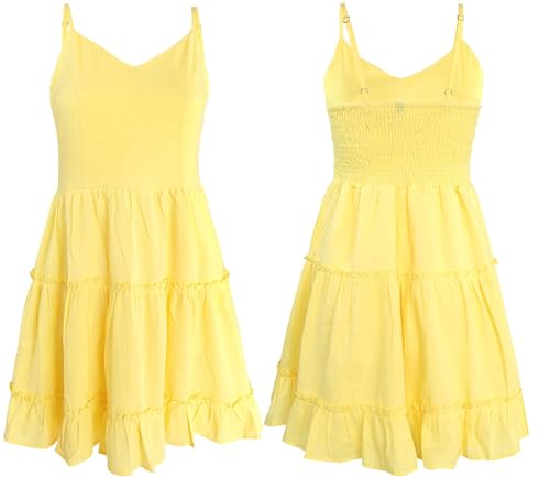 FANCYINN Women Yellow Casual Tiered Mini Dresses Spaghetti Strap V Neck Backless A Line Swing Short Dress with Pockets XS