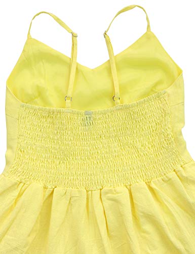 FANCYINN Women Yellow Casual Tiered Mini Dresses Spaghetti Strap V Neck Backless A Line Swing Short Dress with Pockets XS
