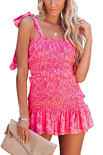chouyatou Women's Summer Floral Spaghetti Strap Square Neck Ruffle Tie Mini Smocked Dress (X-Small, Hot Pink)