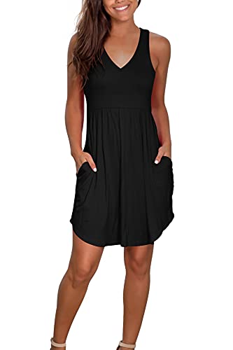 Atizon Casual Summer T Shirt Dress for Women V Neck Swing Elastic Tunic Short Sundress with Pockets