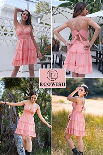 ECOWISH Womens V-Neck Spaghetti Strap Bowknot Backless Sleeveless Lace Mini Swing Skater Dress Pink-1 Medium