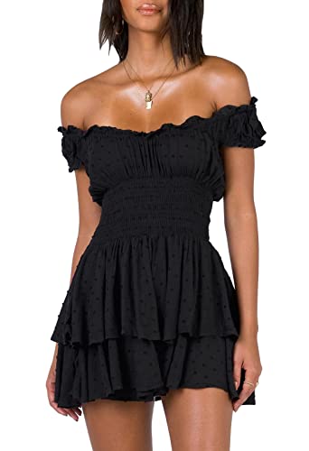 AOHITE Womens Summer Tube Top Dress Off-Shoulder Ruffled Flowy Mini Short Dresses Black Small