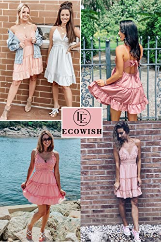 ECOWISH Womens V-Neck Spaghetti Strap Bowknot Backless Sleeveless Lace Mini Swing Skater Dress Pink-1 Medium