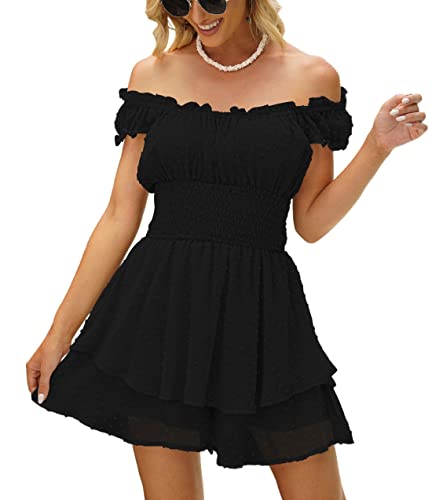 AOHITE Womens Summer Tube Top Dress Off-Shoulder Ruffled Flowy Mini Short Dresses Black Small