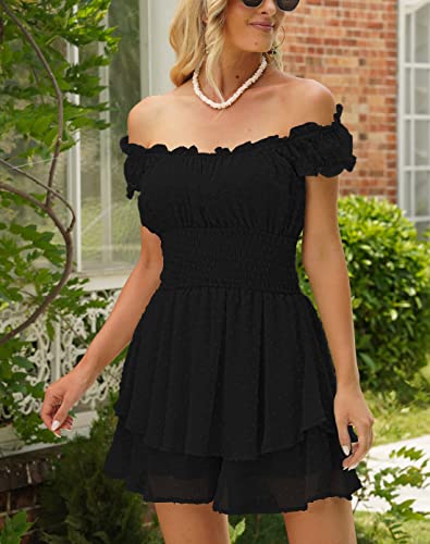 AOHITE Womens Summer Tube Top Dress Off-Shoulder Ruffled Flowy Mini Short Dresses Black Small
