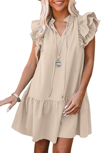 Dokotoo Spring Summer Dresses for Women 2024 Sleeveless V-Neck Ruffle Pockets Lightweight Swing Tunic Dress Solid Color Easter Mini Short Dress Beige X-Large
