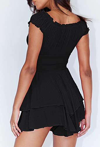 AOHITE Womens Summer Tube Top Dress Off-Shoulder Ruffled Flowy Mini Short Dresses Black Small