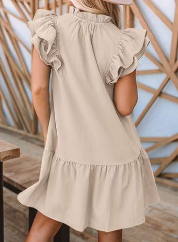 Dokotoo Spring Summer Dresses for Women 2024 Sleeveless V-Neck Ruffle Pockets Lightweight Swing Tunic Dress Solid Color Easter Mini Short Dress Beige X-Large