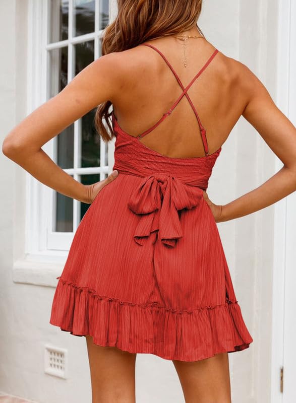 Dokotoo Womens Scoop Neck Red Dresses Spaghetti Strap Bowknot Backless Sleeveless Fashion 2024 Summer Dresses Elastic Waist Ruffle Hem A-Line Casual Short Mini Dress