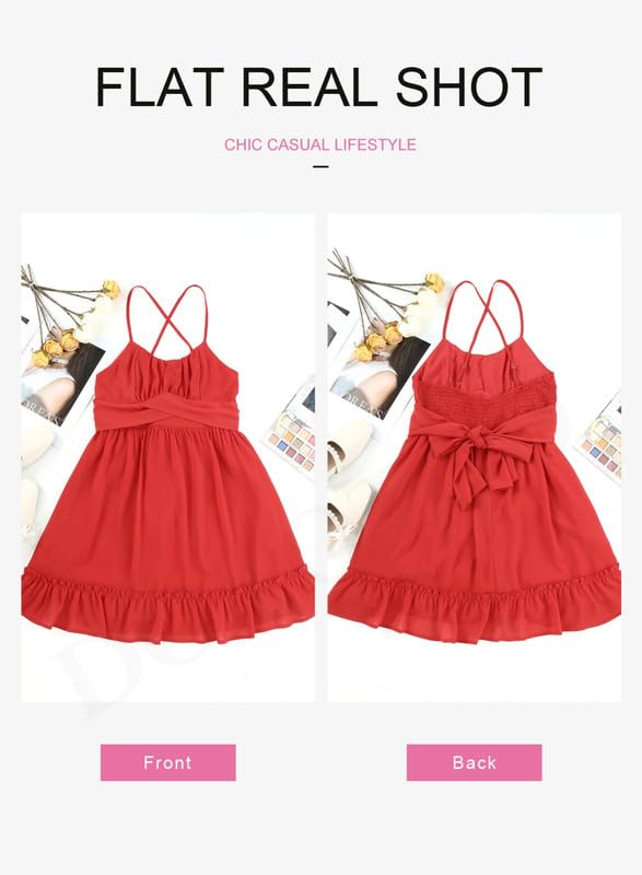 Dokotoo Womens Scoop Neck Red Dresses Spaghetti Strap Bowknot Backless Sleeveless Fashion 2024 Summer Dresses Elastic Waist Ruffle Hem A-Line Casual Short Mini Dress