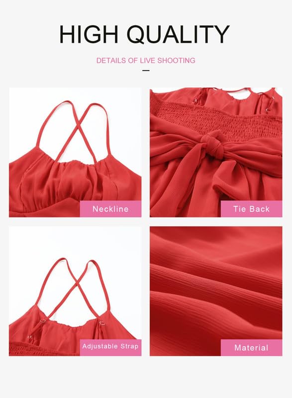 Dokotoo Womens Scoop Neck Red Dresses Spaghetti Strap Bowknot Backless Sleeveless Fashion 2024 Summer Dresses Elastic Waist Ruffle Hem A-Line Casual Short Mini Dress