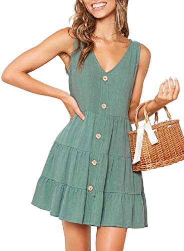 MITILLY Women's Summer Sleeveless V Neck Button Down Casual Pocket Swing Short Dress Medium Light Green