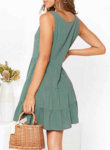 MITILLY Women's Summer Sleeveless V Neck Button Down Casual Pocket Swing Short Dress Medium Light Green