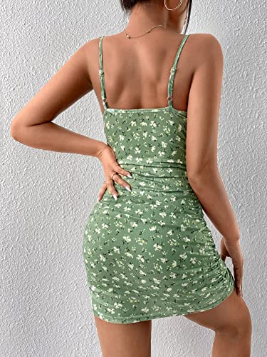 Milumia Women's Ditsy Floral Ruched Cami Mini Dress High Waist Spaghetti Strap Pencil Dress Green Small