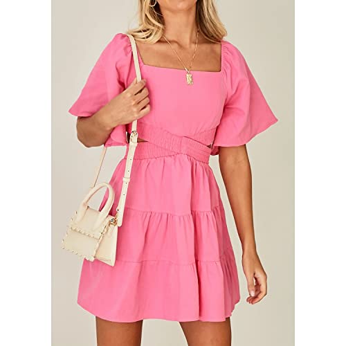 Shy Velvet Women's Summer Dress Square Neck Short Sleeves Crossover Waist Casual Party Mini Dress Pink