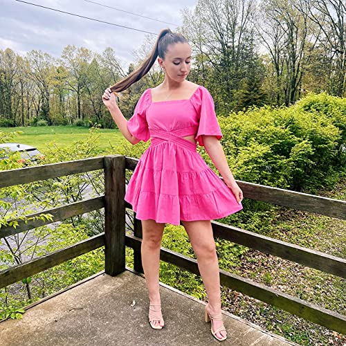 Shy Velvet Women's Summer Dress Square Neck Short Sleeves Crossover Waist Casual Party Mini Dress Pink