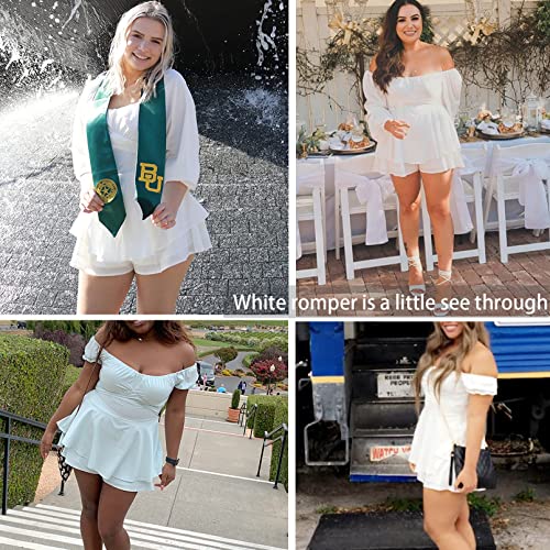 Fixmatti Ruffle Boho Chiffon Romper for Women Summer Cute Off Shoulder Short Sleeve Strapless Sundress Jumpsuit White S