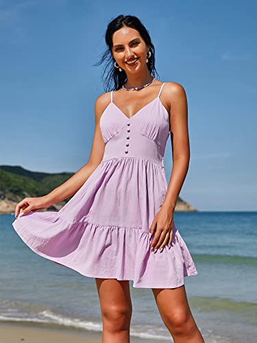 ZAFUL Women's Casual V Neck Summer Mini Dress Spaghetti Strap A-Line Short Dresses Backless Solid Color Sundress (A-f Purple,M)