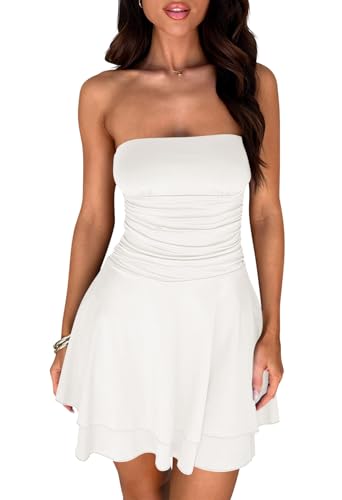 MEROKEETY Women's Backless Swing Beach Dress Ruched High Waist Going Out Party Y2k Short Sundress, White, L