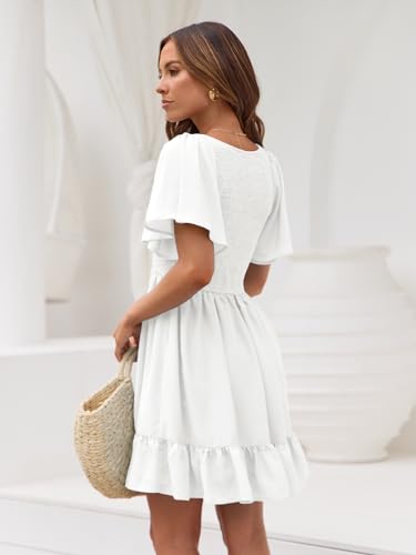 LILLUSORY White Graduation Dresses for Women Summer Dress 2024 Flowy Mini Dresses V Neck Modest Casual Beach Dresses