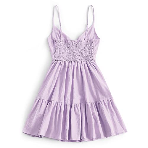 ZAFUL Women's Casual V Neck Summer Mini Dress Spaghetti Strap A-Line Short Dresses Backless Solid Color Sundress (A-f Purple,M)