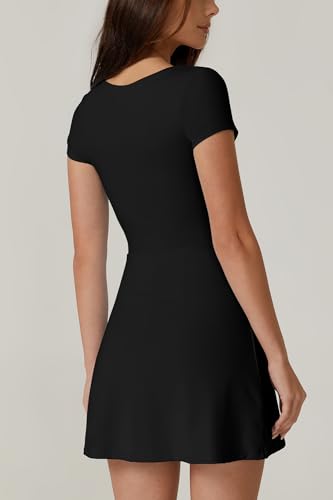 QINSEN Tennis Dress for Women Square Neck Short Sleeve Active Workout Dress Built in Shorts Black S