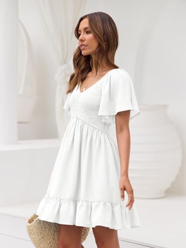 LILLUSORY White Graduation Dresses for Women Summer Dress 2024 Flowy Mini Dresses V Neck Modest Casual Beach Dresses