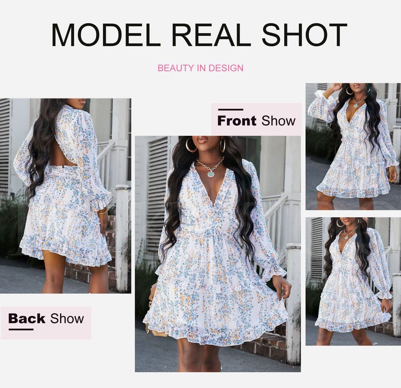 Dokotoo Womens Sun Casual V Neckline Long Sleeve Open Back Floral Print Mini Dress Bohemian Fashion Skater A Line Ruffle Hem Swing Dresses White Small