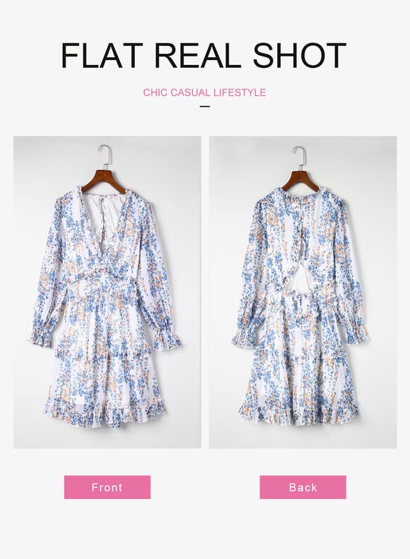 Dokotoo Womens Sun Casual V Neckline Long Sleeve Open Back Floral Print Mini Dress Bohemian Fashion Skater A Line Ruffle Hem Swing Dresses White Small