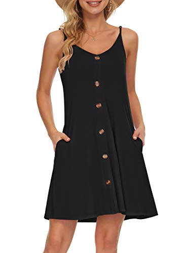 MISFAY Women Summer Spaghetti Strap Button Down V Neck Sleeveless Causal Beach Cover Up Dress with Pockets(Black,L)