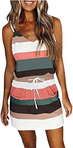 Women Summer Casual Striped Dress Sleeveless Halter Strap Flowy Boho Dress with Pockets