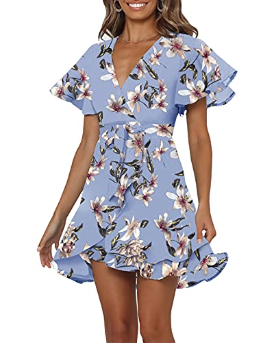 Chuanqi Womens Polka Dot Wrap V Neck Mini Dress Summer Beach Ruffles Hem Short Dresses with Belt (1-Sky Blue, m)