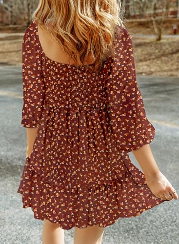 Dokotoo Summer Dresses for Women 2024 Boho Smocked Square Neck 3/4 Sleeve Ruffle Bohemian Floral Printed Casual Empire Waist Mini Babydoll Cute Dress A-Line Short Sun Dress Sundress Red Medium