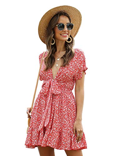 Floerns Women's Tropical Floral Plunging V Neck Tie Open Back Summer Short Dress Red XXL