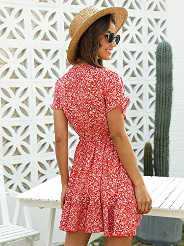 Floerns Women's Tropical Floral Plunging V Neck Tie Open Back Summer Short Dress Red XXL