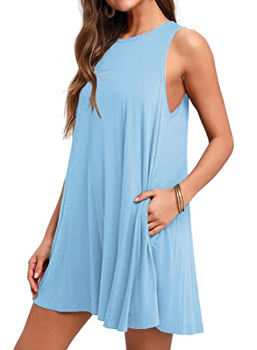 WEACZZY Women Summer Casual Relaxed Strappy Sleeveless Beach Short Mini Dress (Light Blue, M)