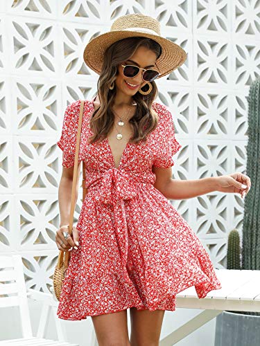 Floerns Women's Tropical Floral Plunging V Neck Tie Open Back Summer Short Dress Red XXL