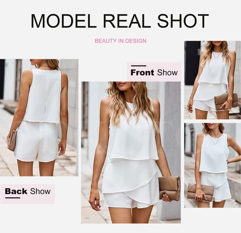 Dokotoo Womens Ladies Fashion 2024 Elegant Summer Casual Sexy Off Shoulder Halter Neck Ruffle Chiffon Sleeveless One Piece Short Rompers Jumpsuits for Women Short White M