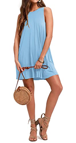 WEACZZY Women Summer Casual Relaxed Strappy Sleeveless Beach Short Mini Dress (Light Blue, M)