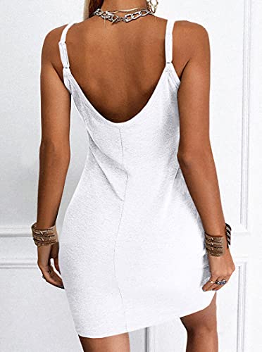 Veatzaer Womens Cami Bodycon Dress Summer Casual Sleeveless Spaghetti Strap Dresses Solid Mini Dresses White