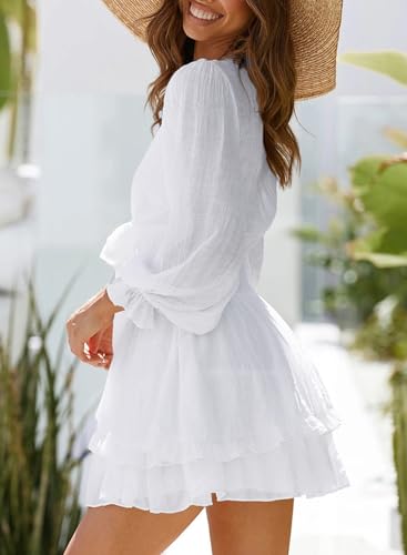 AlvaQ Womens Sexy Deep V Neck Tie Front Long Sleeve Ruffles Mini Dress Swing Short Dresses Sundress White Small