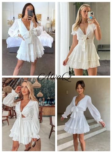 AlvaQ Womens Sexy Deep V Neck Tie Front Long Sleeve Ruffles Mini Dress Swing Short Dresses Sundress White Small