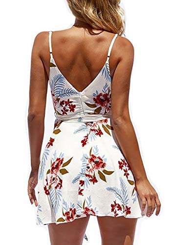 CASURESS Women Dress Summer V Neck Mini Floral Print Swing Dress Sleeveless Spaghetti Strap Skater Dresses with Belt White