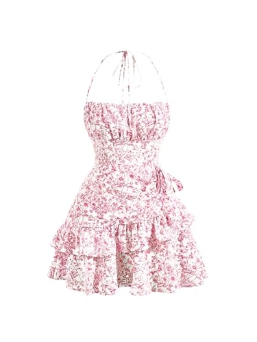 SOLY HUX Women's Floral Print Halter Tie Back Dress Ruffle Trim Flowy Casual Short Dresses Pink Floral M