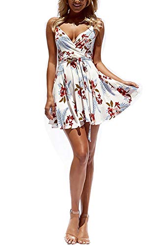 CASURESS Women Dress Summer V Neck Mini Floral Print Swing Dress Sleeveless Spaghetti Strap Skater Dresses with Belt White