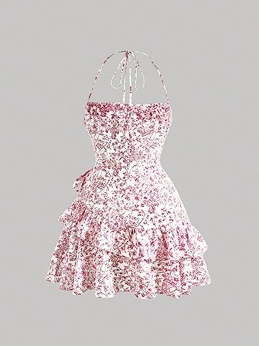 SOLY HUX Women's Floral Print Halter Tie Back Dress Ruffle Trim Flowy Casual Short Dresses Pink Floral M
