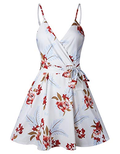CASURESS Women Dress Summer V Neck Mini Floral Print Swing Dress Sleeveless Spaghetti Strap Skater Dresses with Belt White