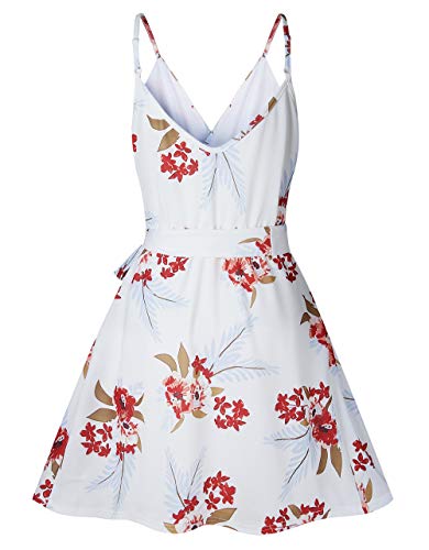 CASURESS Women Dress Summer V Neck Mini Floral Print Swing Dress Sleeveless Spaghetti Strap Skater Dresses with Belt White