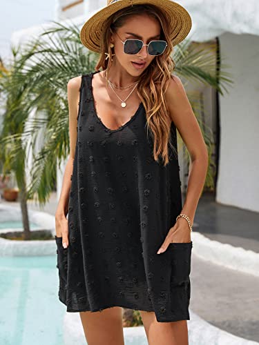 Blooming Jelly Womens Casual Sun Summer Dresses Sleeveless Bathing Suit Cover Up Mini Beach Dress (Medium, Black)